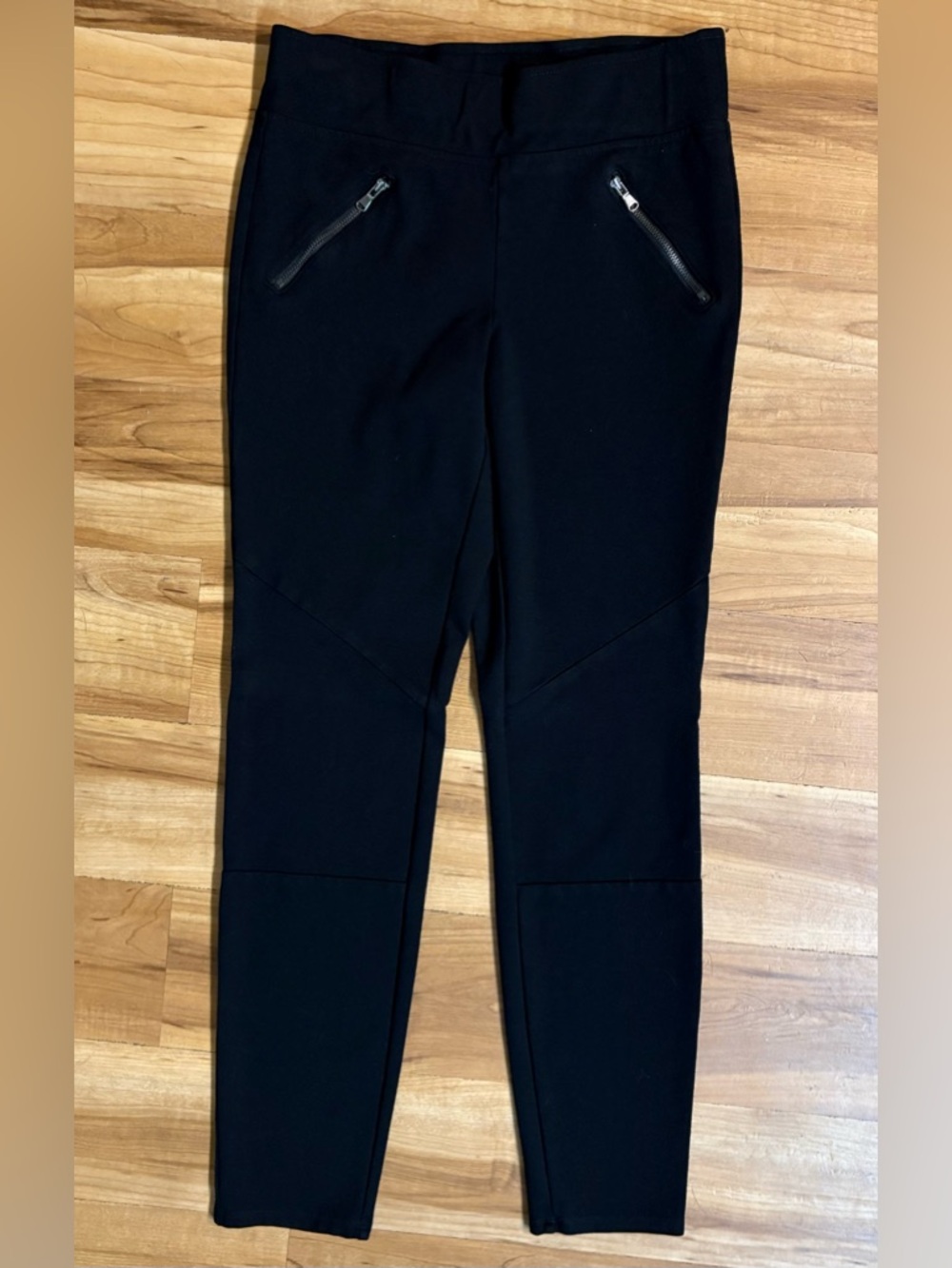 NY & Co Black Moto Leggings with Front Zippers and Knee Panels, Size S